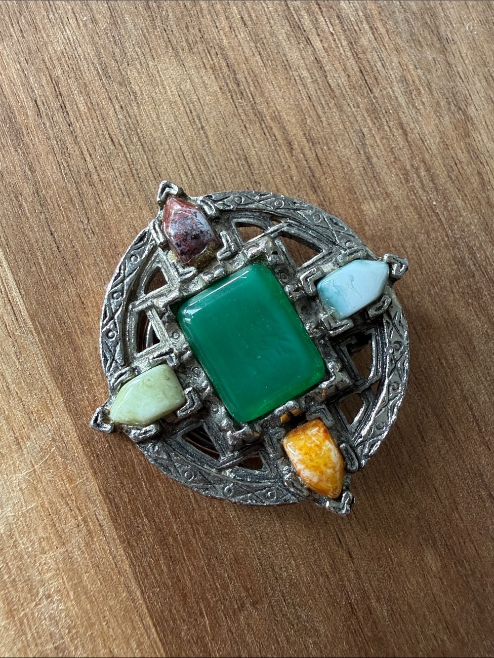 VINTAGE Celtic glass stone antiqued scarf clip pin brooch